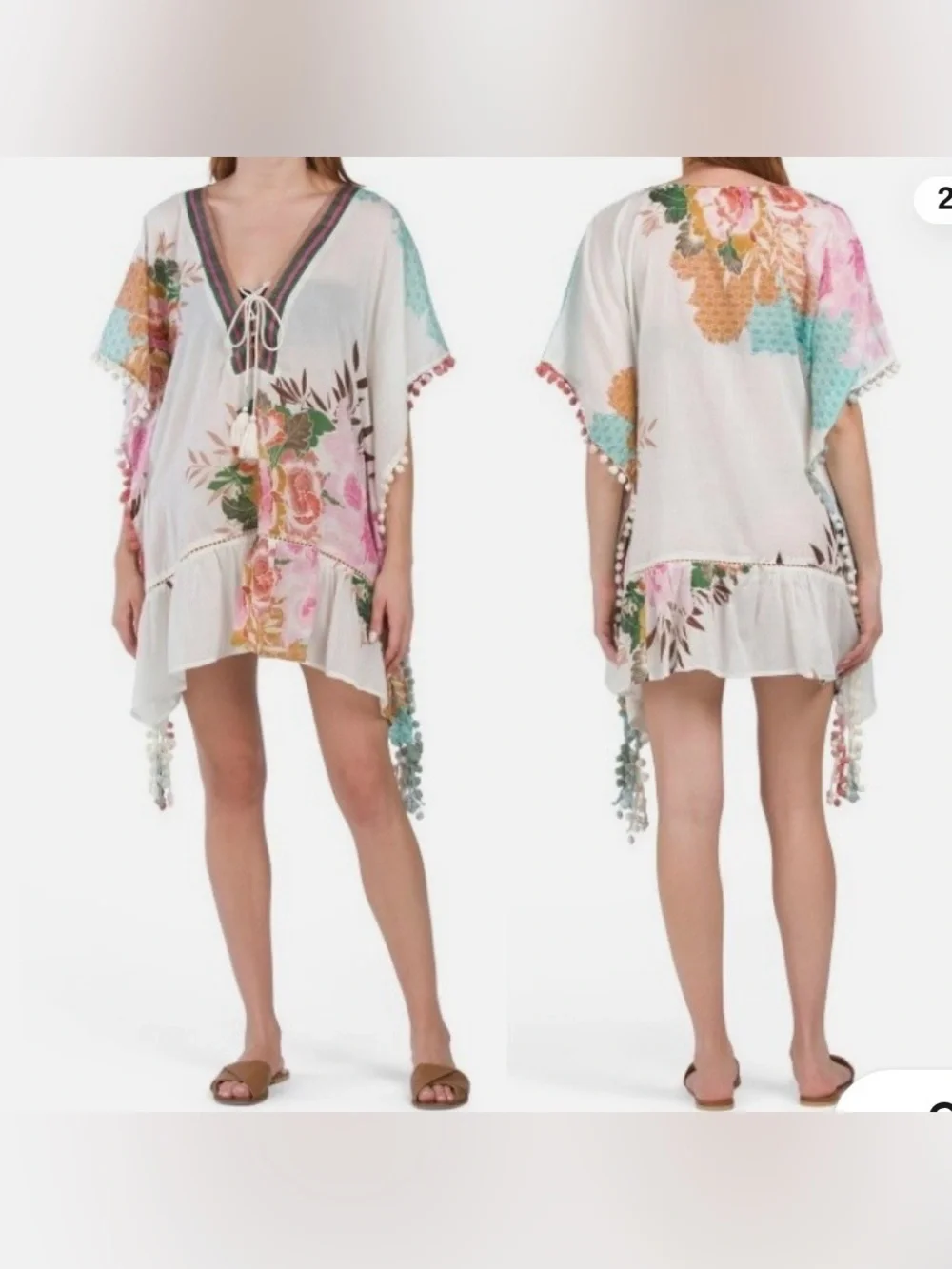 Floral Pom-Pom Women’s Swim Coverup Tunic - Pastel Floral - Picture 2 of 8